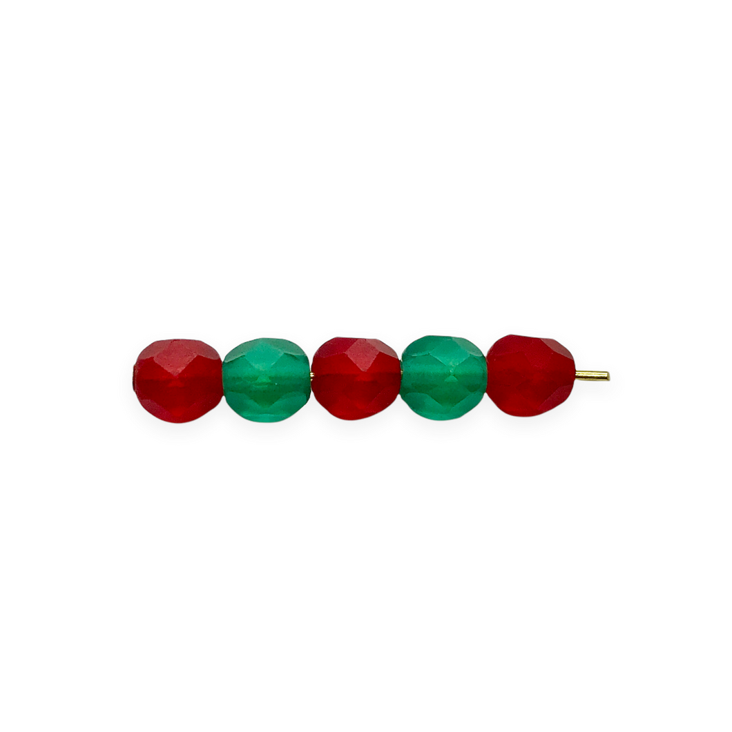 Czech glass Christmas mix faceted round beads 50pc matte red green 6mm