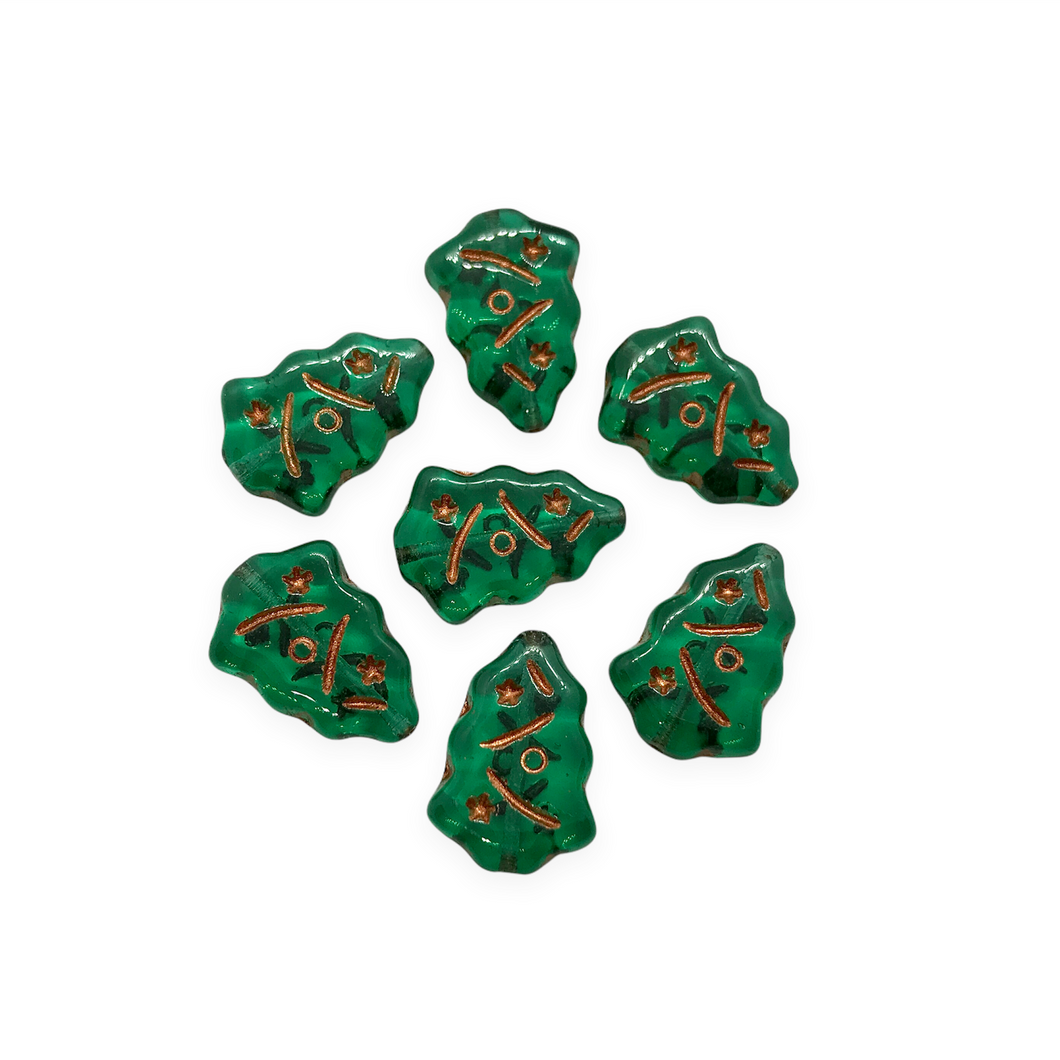 Czech glass Christmas tree beads charms10pc translucent emerald green copper inlay-Orange Grove Beads