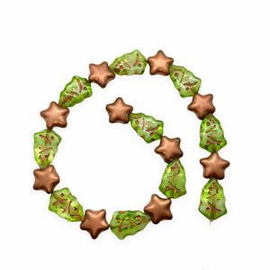 Czech glass Christmas bead mix 20pc green trees copper puffed stars-Orange Grove Beads