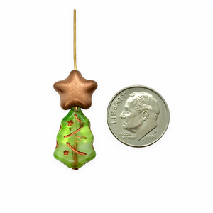 Czech glass Christmas bead charm mix 20pc green trees copper puffed stars