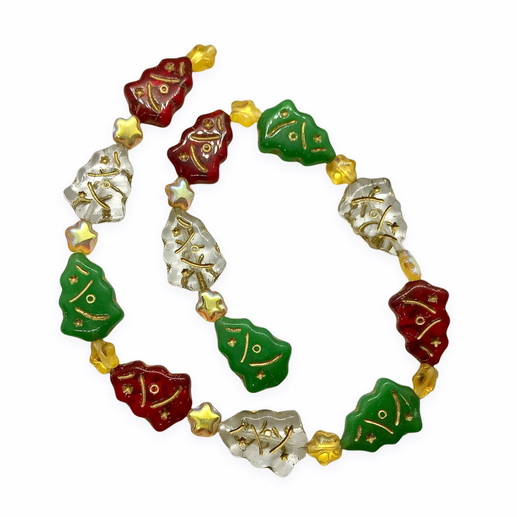 Czech glass Christmas bead mix 24pc with trees and stars red green clear gold-Orange Grove Beads