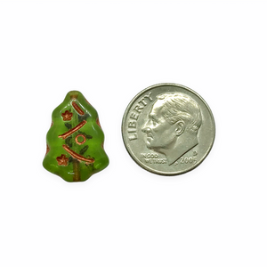 Czech glass Christmas tree beads 10pc translucent olivine green copper inlay