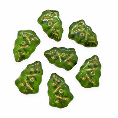 Czech glass Christmas tree beads 10pc translucent olivine green gold inlay-Orange Grove Beads