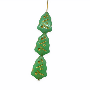 Czech glass Christmas tree beads 10pc milky opaline green gold inlay UV glow