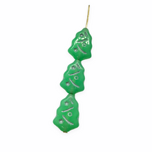Load image into Gallery viewer, Czech glass Christmas tree beads 10pc milky opaline green silver inlay UV glow
