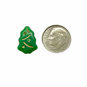 Czech glass Christmas tree beads 10pc opaque green gold inlay #1