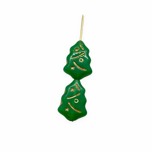 Czech glass Christmas tree beads 10pc opaque green gold inlay #1