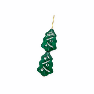 Czech glass Christmas tree beads charms 10pc translucent emerald green silver inlay