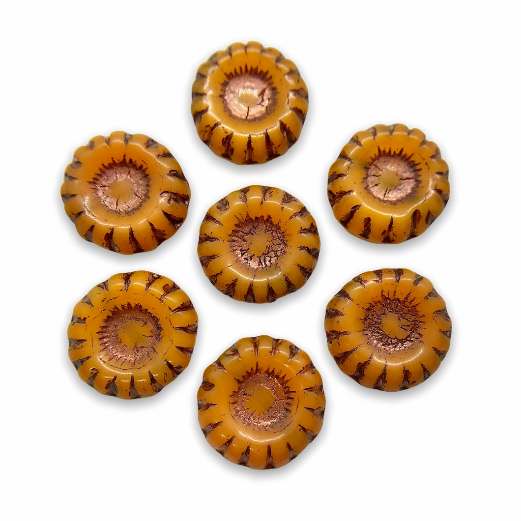 Czech glass chunky wheel daisy flower beads 10pc milky orange copper 12mm-Orange Grove Beads