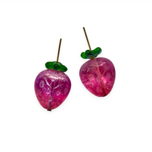 Load image into Gallery viewer, Czech glass strawberry fruit beads charms &amp; caps 6 sets fuchsia pink AB 15x13mm
