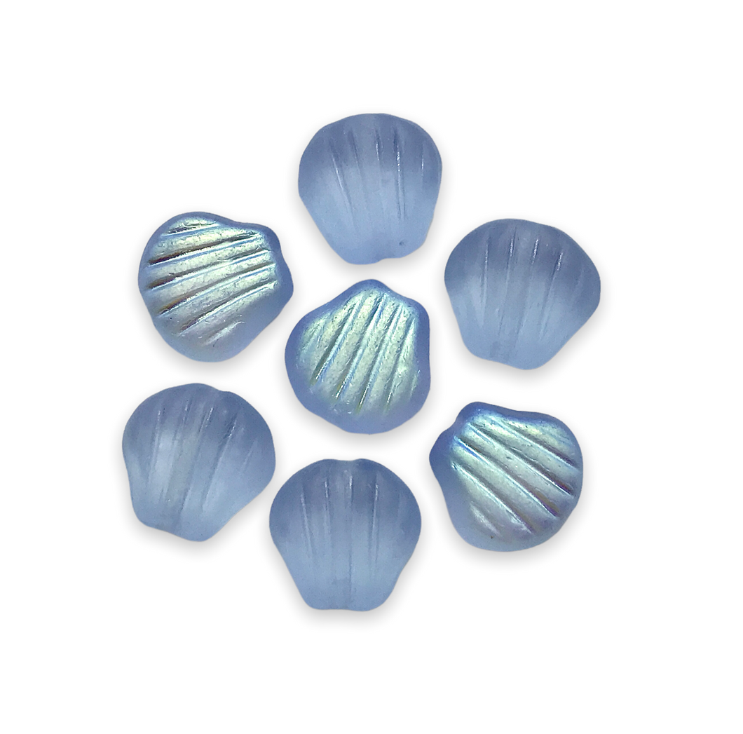 Czech glass clam scallop seashell beads 25pc frosted sapphire blue AB 9mm-Orange Grove Beads