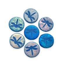 Load image into Gallery viewer, Czech glass laser tattoo dragonfly coin beads 8pc etched blue AB 14mm
