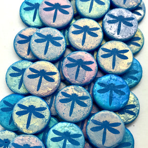 Czech glass laser tattoo dragonfly coin beads 8pc etched blue AB 14mm-Orange grove Beads