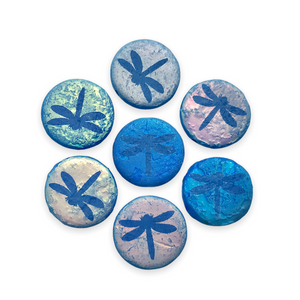 Czech glass laser tattoo dragonfly coin beads 8pc etched blue AB 14mm