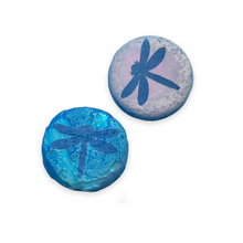 Load image into Gallery viewer, Czech glass laser tattoo dragonfly coin beads 8pc etched blue AB 14mm

