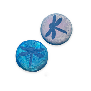 Czech glass laser tattoo dragonfly coin beads 8pc etched blue AB 14mm
