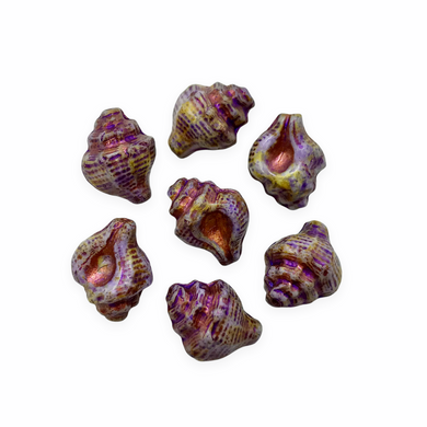 Czech glass conch seashell shell beads charms 8pc purple beige picasso 15x12mm-Orange Grove Beads