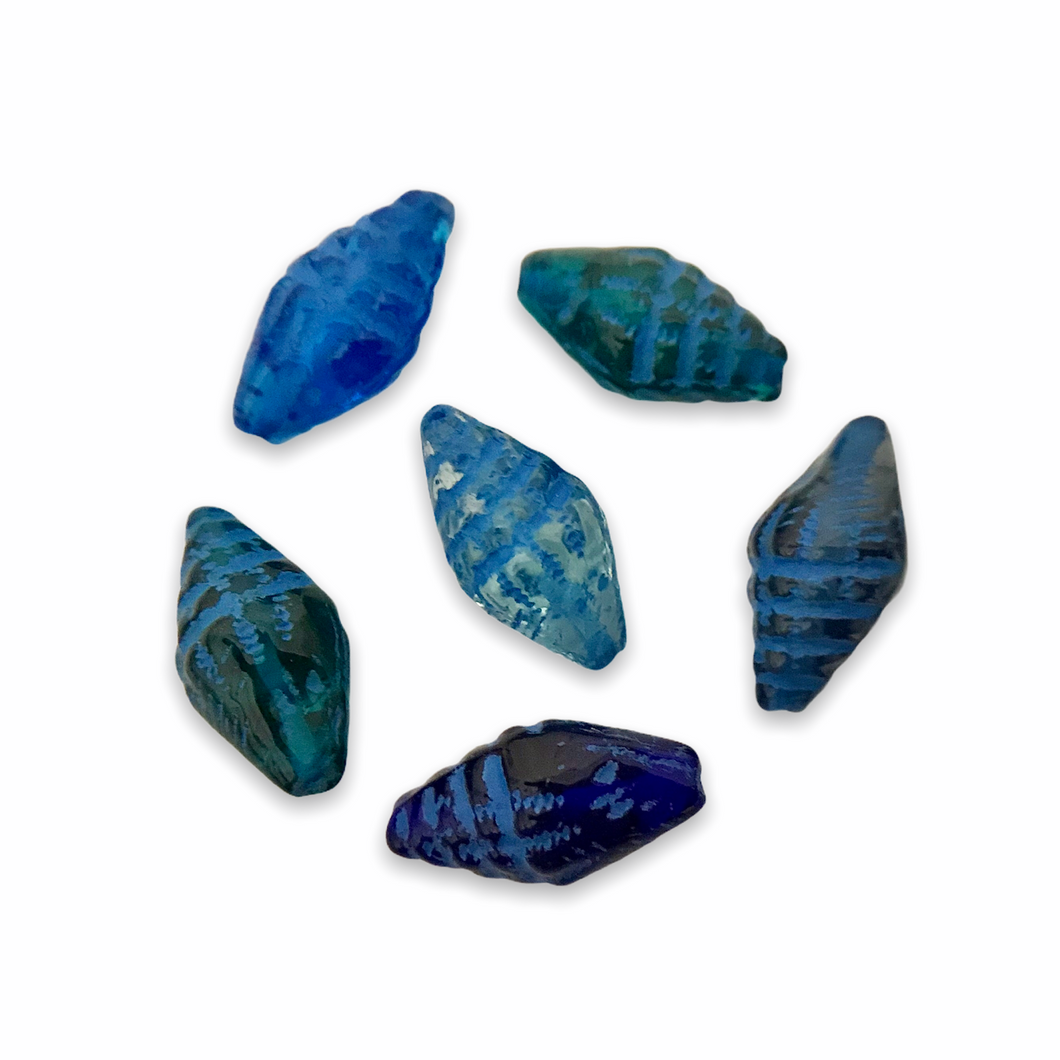 Czech glass conch seashell beads 12pc shades of blue with blue patina-Orange Grove Beads