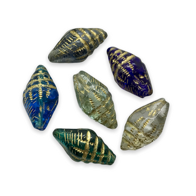 Czech glass conch seashell beads 12 pc shades of blue with gold decor-Orange Grove Beads