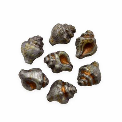 Czech glass conch seashell shell beads charms 8pc blue metallic brown decor 15x12mm-Orange Grove Beads