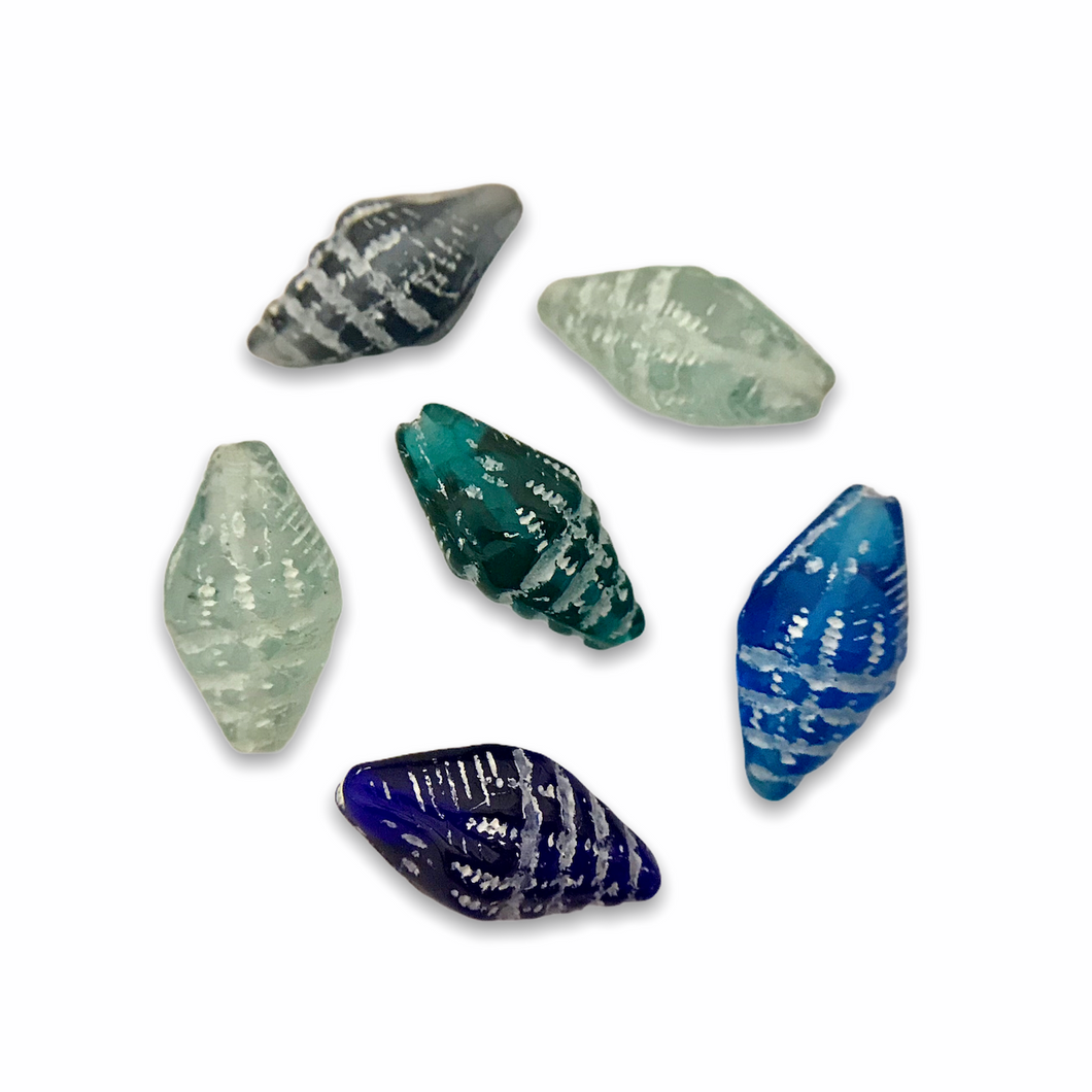 Czech glass conch seashell beads 12pc shades of blue white patina-Orange Grove Beads