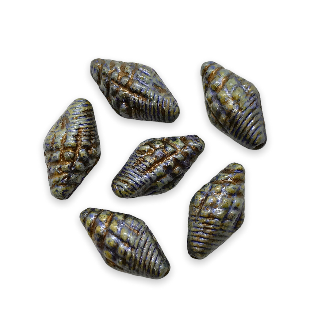 Czech glass conch seashell beads 10pc chalk blue picasso 16x8mm-Orange Grove Beads