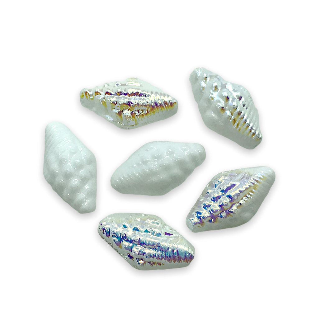 Czech glass conch seashell beads 12pc chalk white AB 16x8mm-Orange Grove Beads