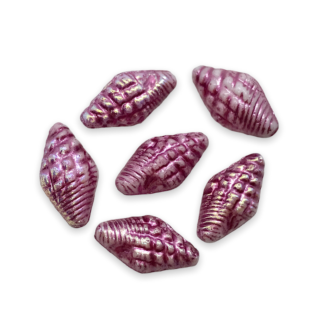 Czech glass conch seashell beads 12pc chalk white metallic pink 16x8mm #2-Orange Grove Beads