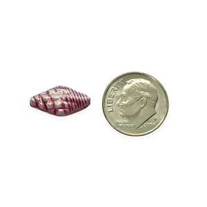 Czech glass conch seashell beads 12pc chalk white metallic pink 16x8mm
