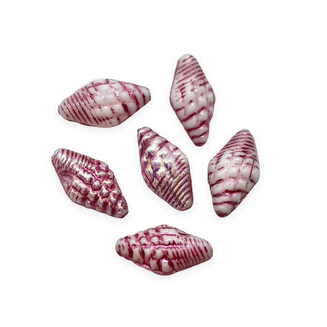 Czech glass conch seashell beads 12pc chalk white metallic pink 16x8mm-Orange Grove Beads