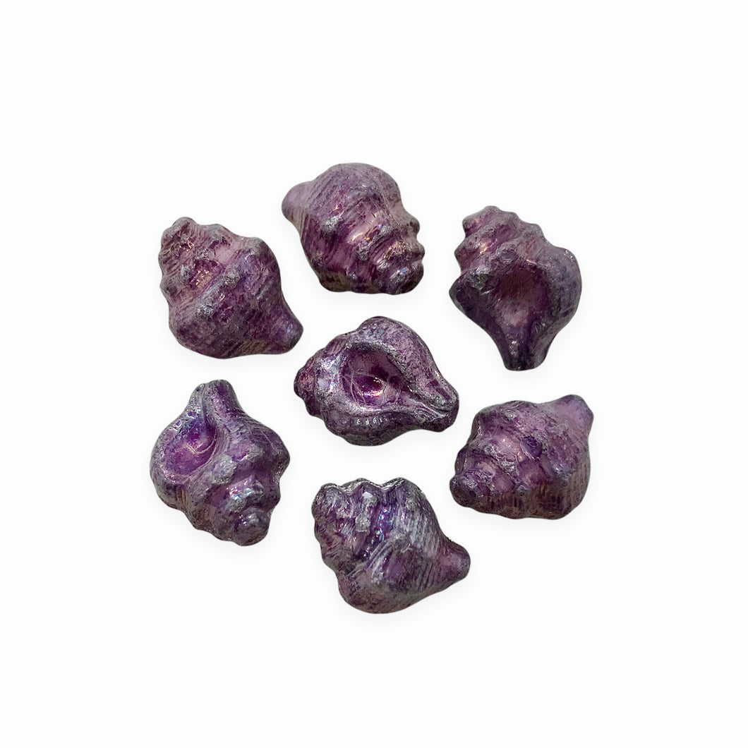 Czech glass conch seashell shell beads charms 8pc purple luster 15x12mm-Orange Grove Beads