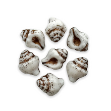 Load image into Gallery viewer, Czech glass conch seashell shell beads 8pc white brown 15x12mm
