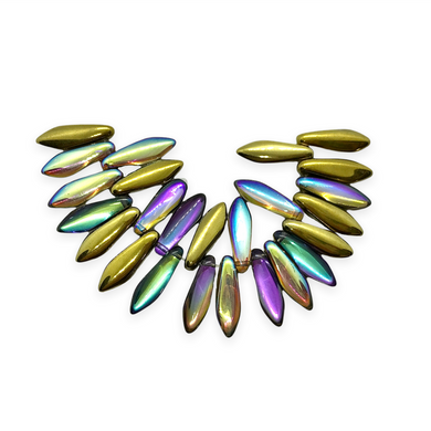 Czech glass dagger beads 25pc purple crystal golden rainbow 15x5mm-Orange Grove Beads
