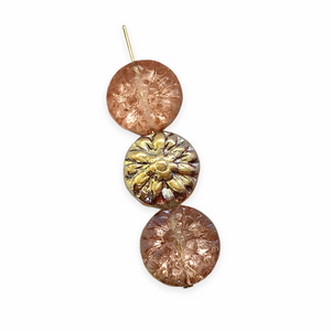 Czech glass dahlia coin flower beads 10pc rosaline pink metallics 14mm