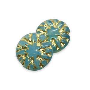 Czech glass dahlia flower coin beads 10pc opaline blue gold 14mm