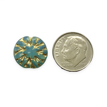 Load image into Gallery viewer, Czech glass dahlia flower coin beads 10pc opaline blue gold 14mm
