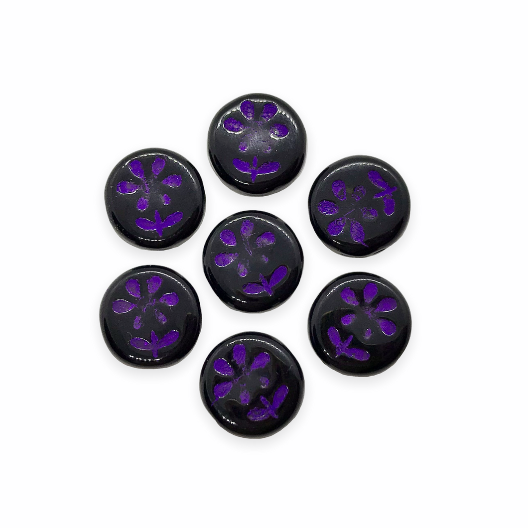 Czech glass daisy flower coin beads 16pc jet black with purple 12mm-Orange Grove Beads