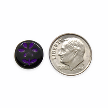 Load image into Gallery viewer, Czech glass daisy flower coin beads 16pc jet black with purple 12mm
