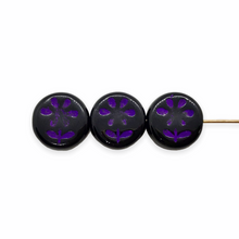 Load image into Gallery viewer, Czech glass daisy flower coin beads 16pc jet black with purple 12mm
