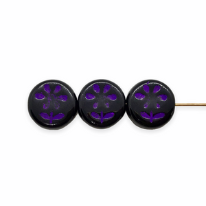 Czech glass daisy flower coin beads 16pc jet black with purple 12mm