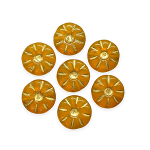 Czech glass daisy flower coin beads 10pc opaline orange with gold 12mm