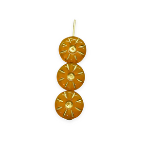 Czech glass daisy flower coin beads 10pc opaline orange with gold 12mm