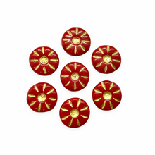 Load image into Gallery viewer, Czech glass daisy flower coin beads 10pc opaque red with gold 12mm-Orange Grove Beads
