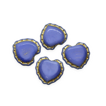 Load image into Gallery viewer, Czech glass lace edge heart flower beads charms 4pc opaque blue gold 18x17mm-Orange Grove Beads
