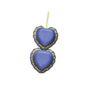 Czech glass lace edge heart flower beads 4pc blue gold 18x17mm