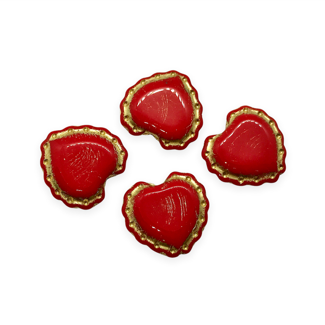 Czech glass lace edge heart flower beads charms 4pc opaque red gold 18x17mm-Orange Grove Beads