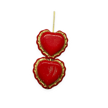 Load image into Gallery viewer, Czech glass lace edge heart flower beads charms 4pc opaque red gold 18x17mm
