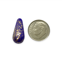 Load image into Gallery viewer, Czech glass XL teardrop drop beads 10pc Electric Indigo blue gold 20x9mm
