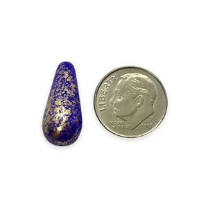 Czech glass XL teardrop drop beads 10pc Electric Indigo blue gold 20x9mm