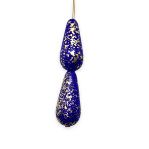 Czech glass XL teardrop drop beads 10pc Electric Indigo blue gold 20x9mm